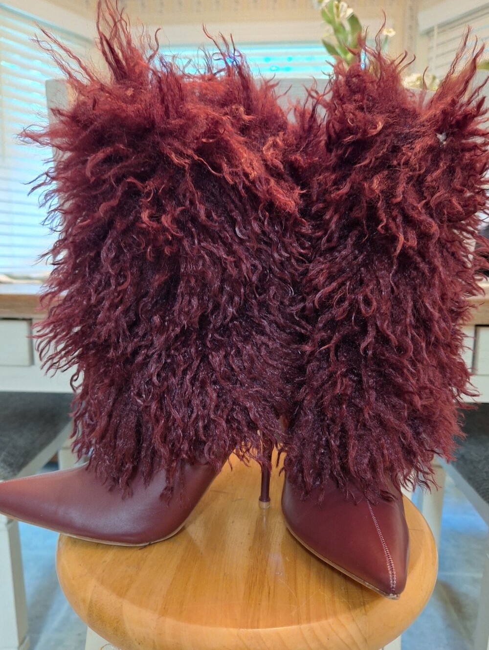 Women's Burgundy Faux Fur Pointed-Toe Ankle Boots